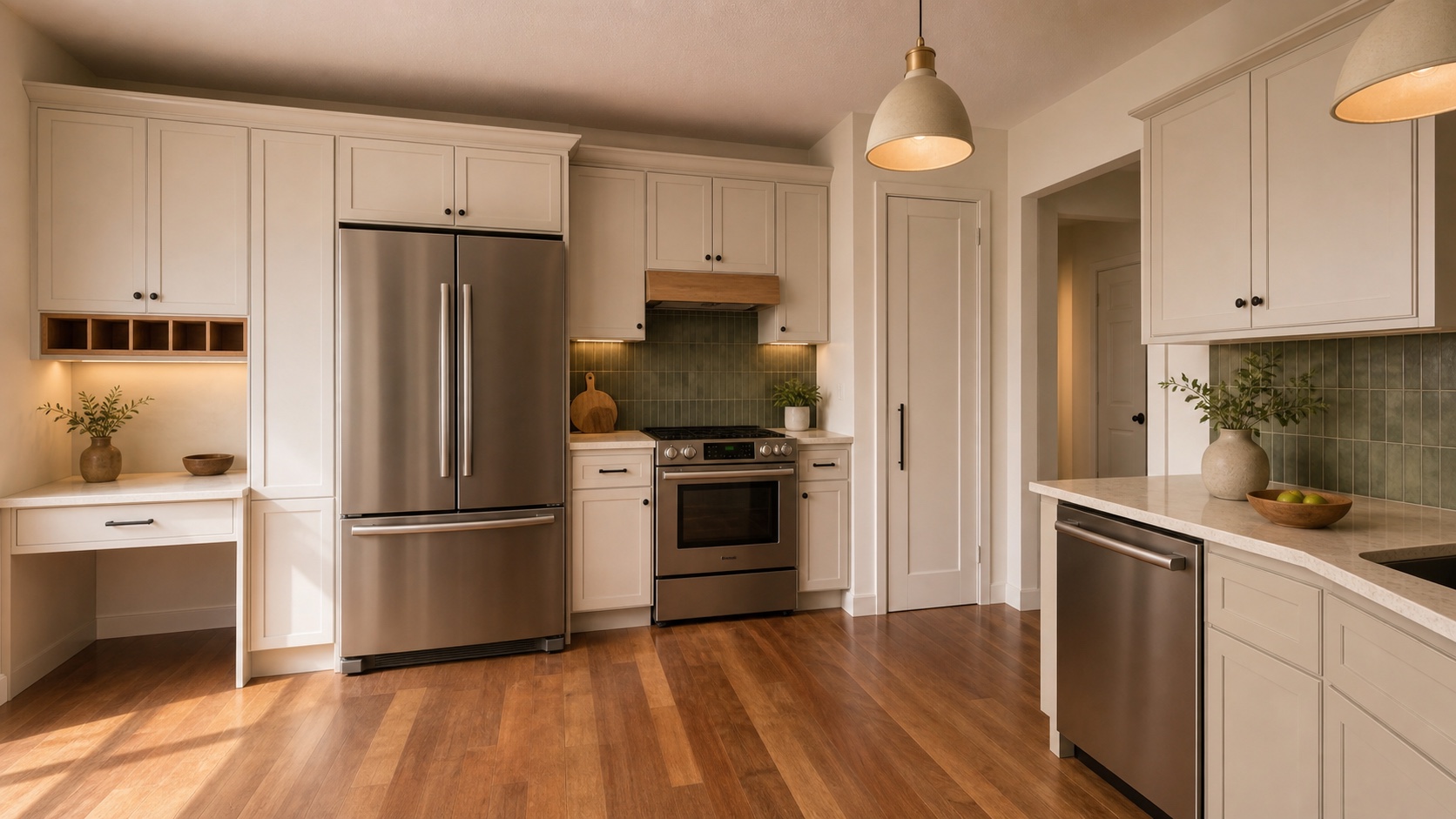 Warm premium modular kitchen with off-white cabinetry and olive backsplash