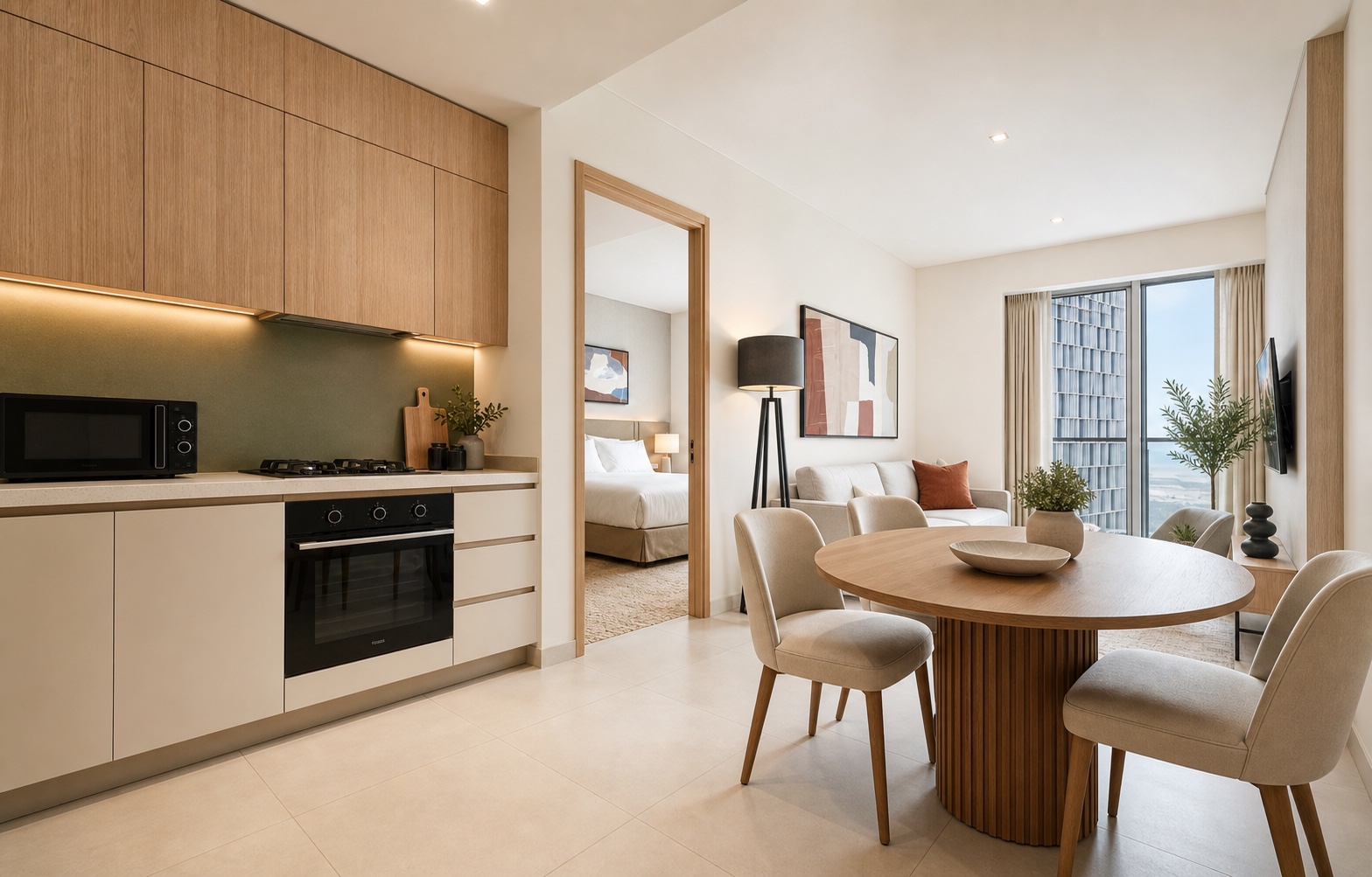 Warm compact 1BHK interior with modular kitchen, dining area and living room