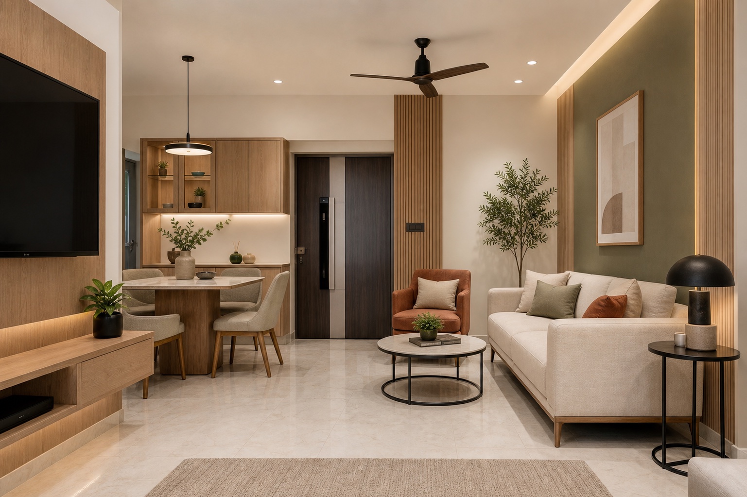 Premium 2BHK living and dining room in warm wood, olive and terracotta finishes