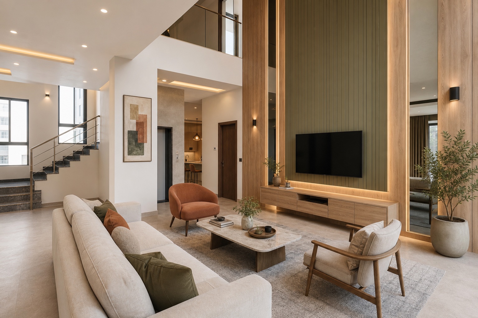 Full 3BHK living room with double-height TV wall and complete furniture setup